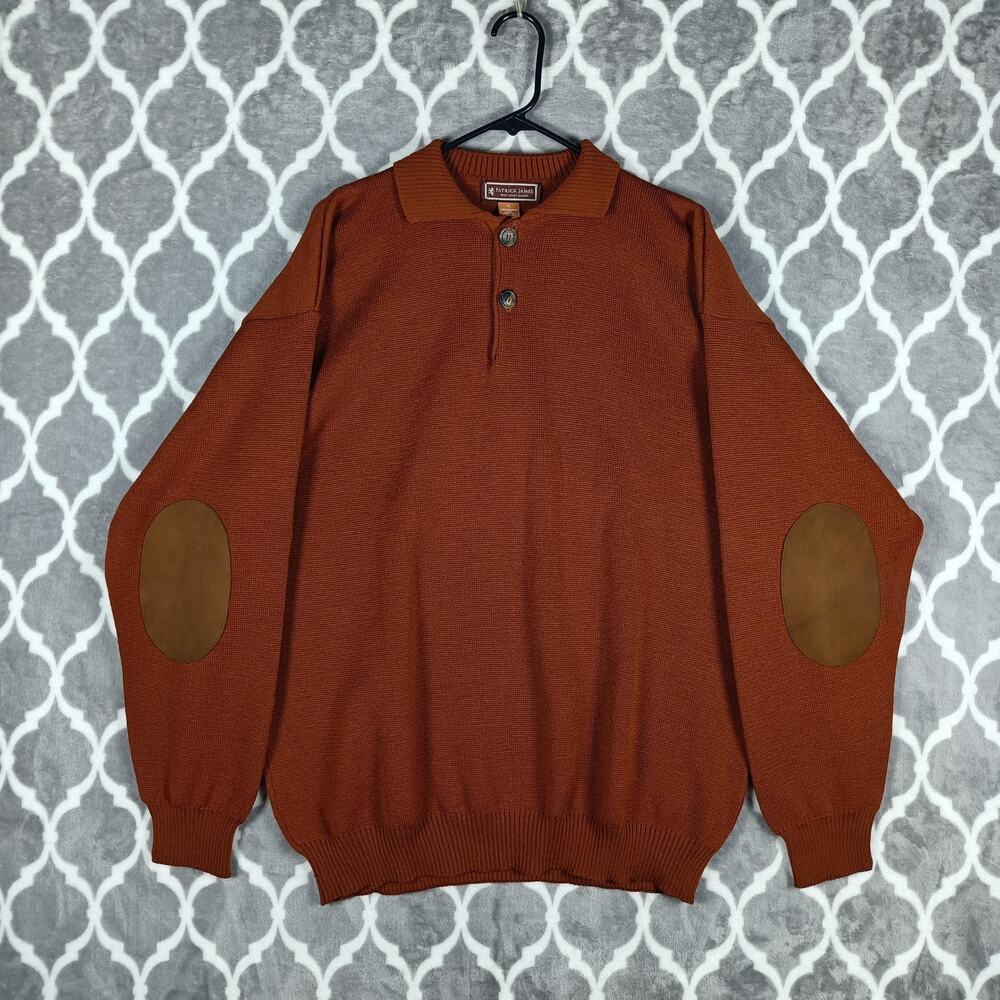 Patrick James Sweater Men XL Rust Merino Wool‎ Collared Pullover Elbow Patch